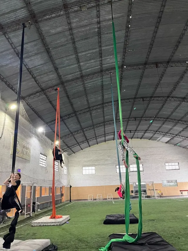 Clase en el Gimnasio Alma: varias alumnas en las telas de colores colgadas a lo largo de la cancha techada de césped sintético