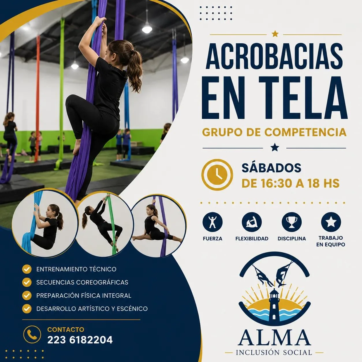 Pieza del grupo de competencia de acrobacias en tela del Gimnasio Alma: entrenamiento técnico, secuencias coreográficas, preparación física integral y desarrollo artístico y escénico, los sábados de 16:30 a 18 hs