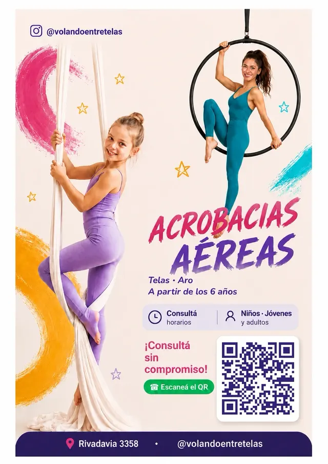 Folleto institucional de acrobacias aéreas en telas y aro a partir de los 6 años, en Rivadavia 3358